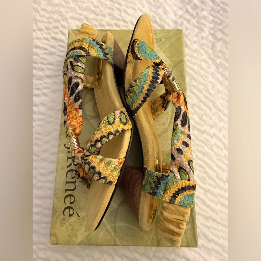 J.Renee Women's Sandals Heels Yolanda Yellow Lime Multi Eyelet Fabric Dressy NWT - Picture 11 of 16